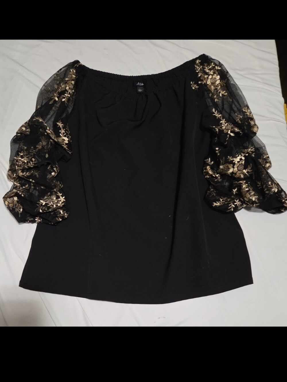 MSK women's large black gold floral sheer sleeve blouse #30